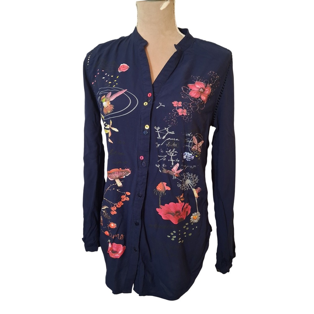 Desigual Navy Blue Floral Mushroom Hummingbird Tunic Button Down Top Small